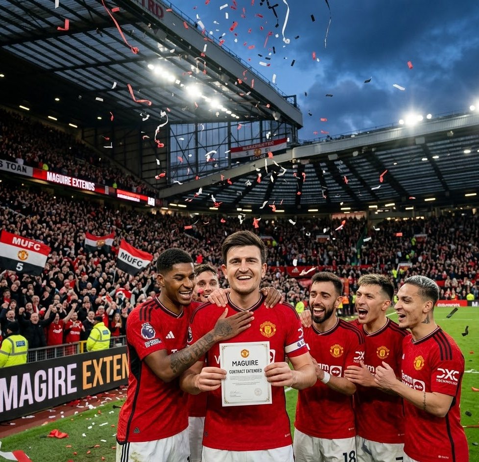 Harry Maguire merayakan perpanjangan kontrak bersama rekan setim dan penggemar di Old Trafford, dengan confetti di udara.