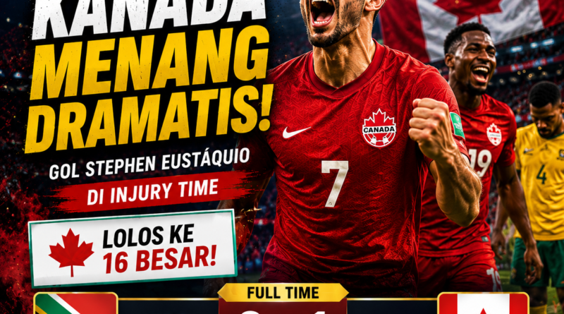 Kanada menang 1-0 atas Afrika Selatan pada Play Off Piala Dunia 2026 berkat gol Stephen Eustáquio di injury time.