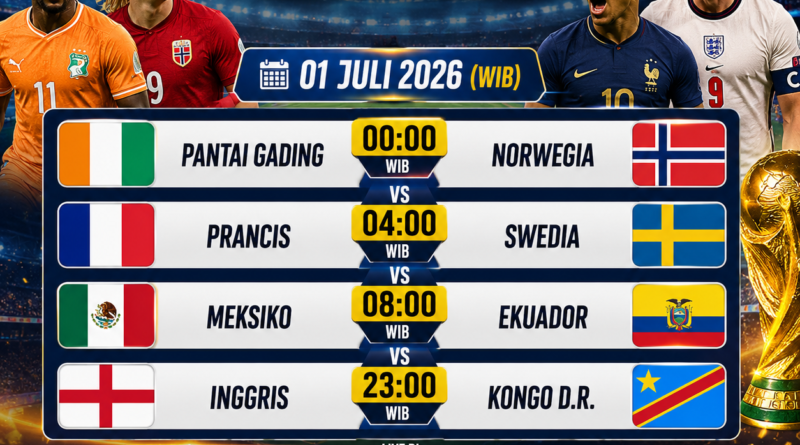 Jadwal Piala Dunia 2026 1 Juli 2026 Pantai Gading vs Norwegia Prancis vs Swedia Inggris vs Kongo DR