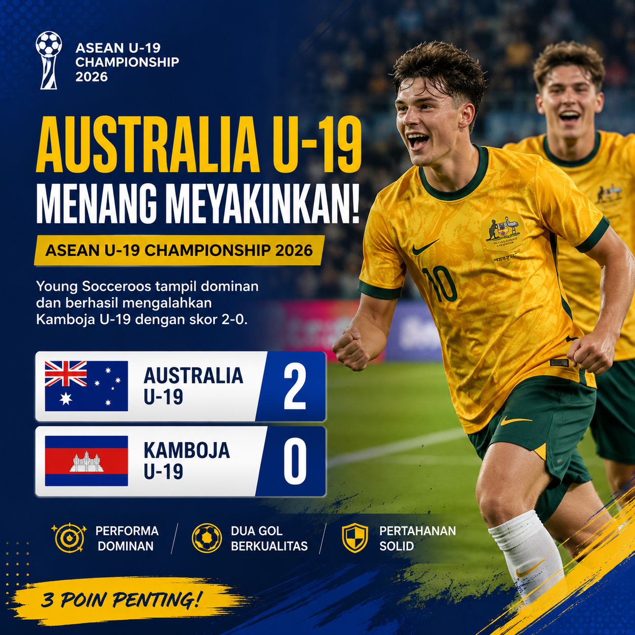 Pemain Australia U-19 merayakan kemenangan 2-0 atas Kamboja U-19 dalam pertandingan ASEAN U-19 Championship 2026.