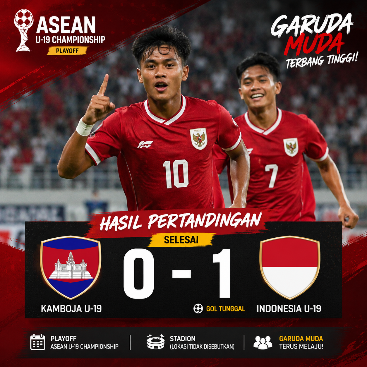 Indonesia U-19 mengalahkan Kamboja U-19 dengan skor 1-0 pada babak playoff ASEAN U-19 Championship