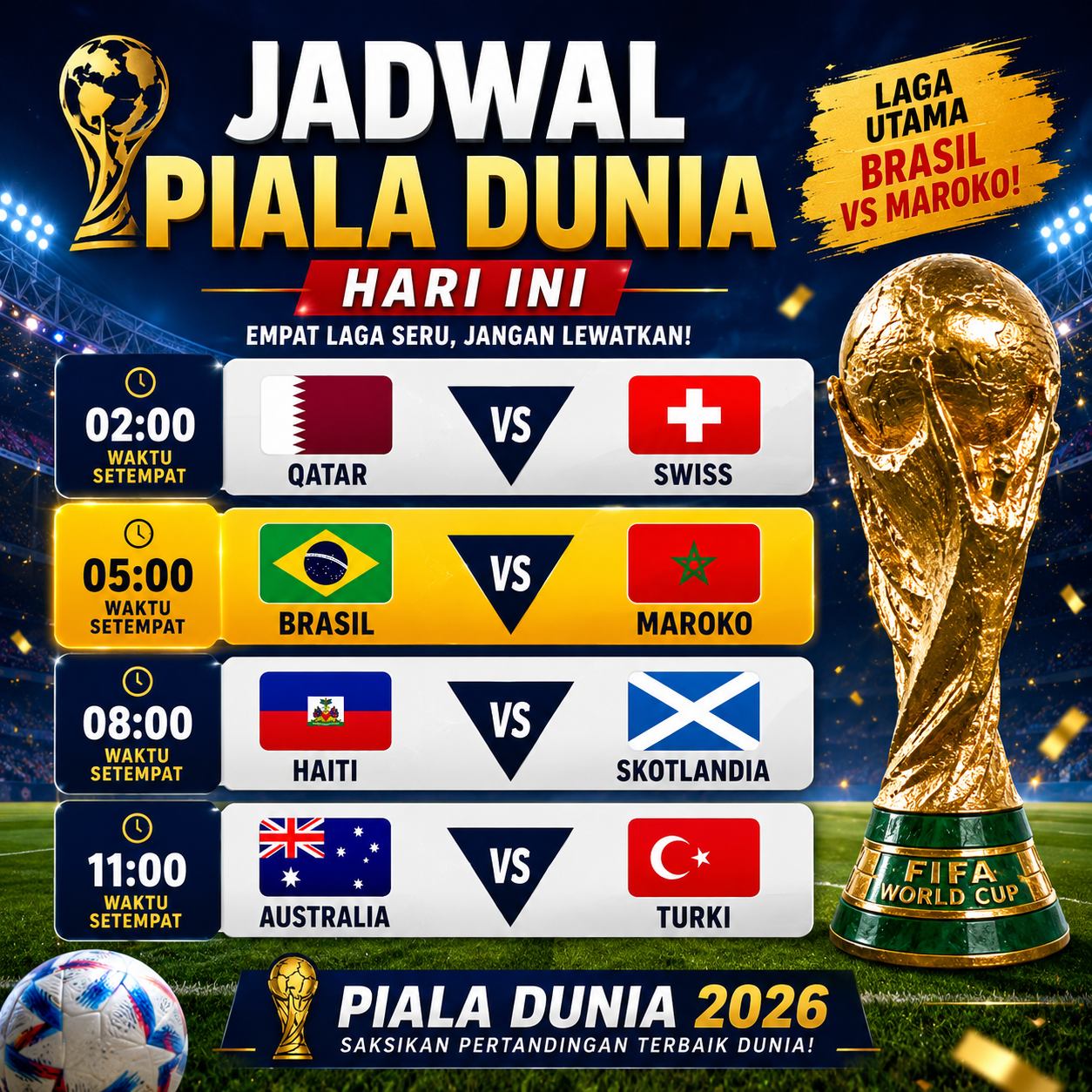 Jadwal Piala Dunia hari ini menampilkan pertandingan Brasil vs Maroko, Qatar vs Swiss, Haiti vs Skotlandia, dan Australia vs Turki