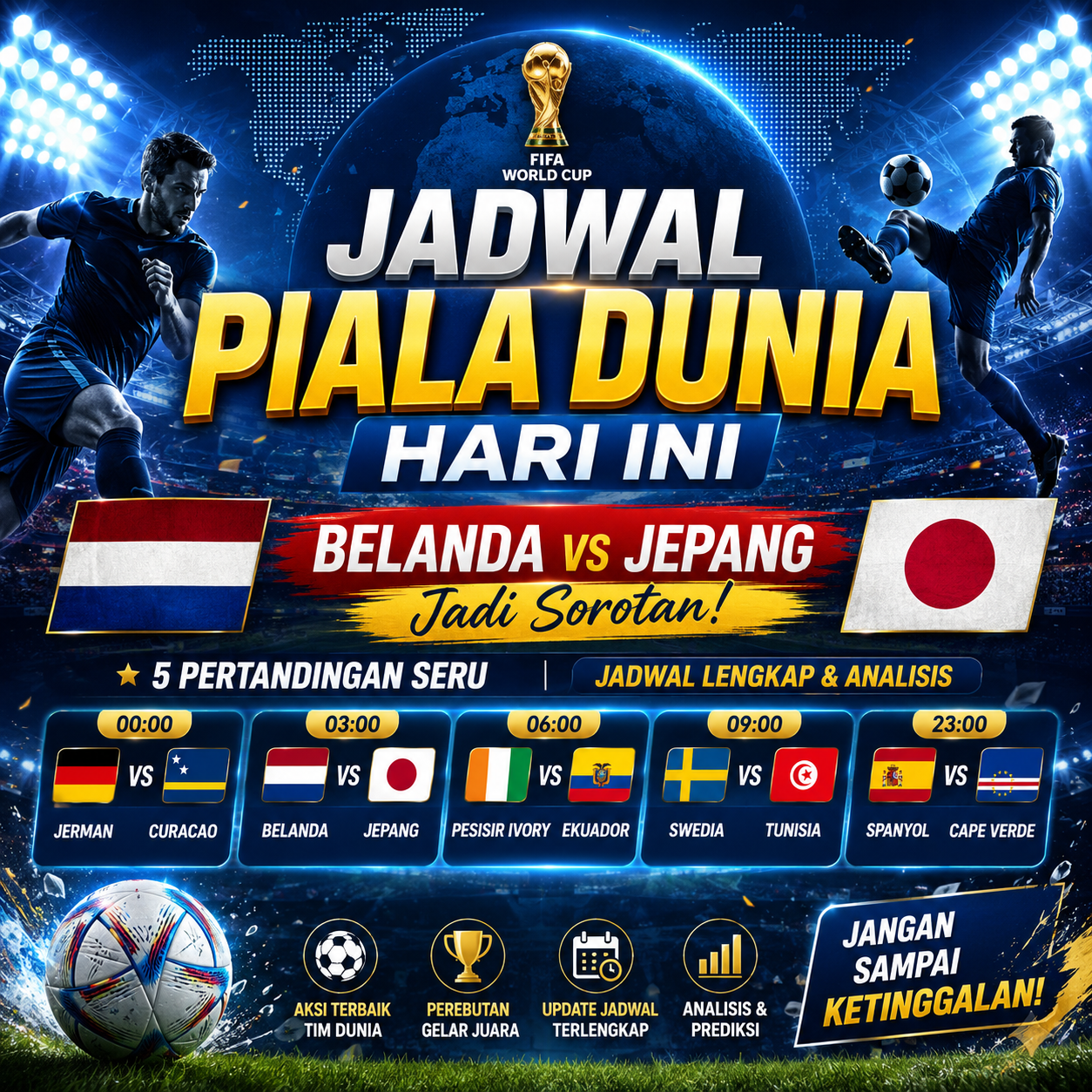 Banner jadwal pertandingan Piala Dunia hari ini yang menampilkan laga Jerman vs Curacao, Belanda vs Jepang, Pesisir Ivory vs Ekuador, Swedia vs Tunisia, dan Spanyol vs Cape Verde.