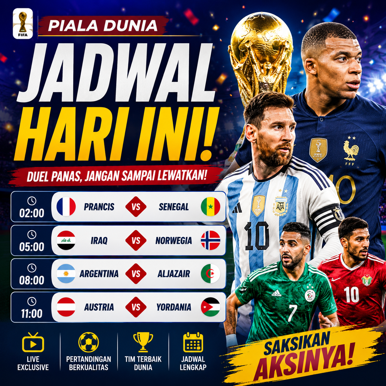 Jadwal Piala Dunia hari ini Prancis vs Senegal, Iraq vs Norwegia, Argentina vs Aljazair, Austria vs Yordania