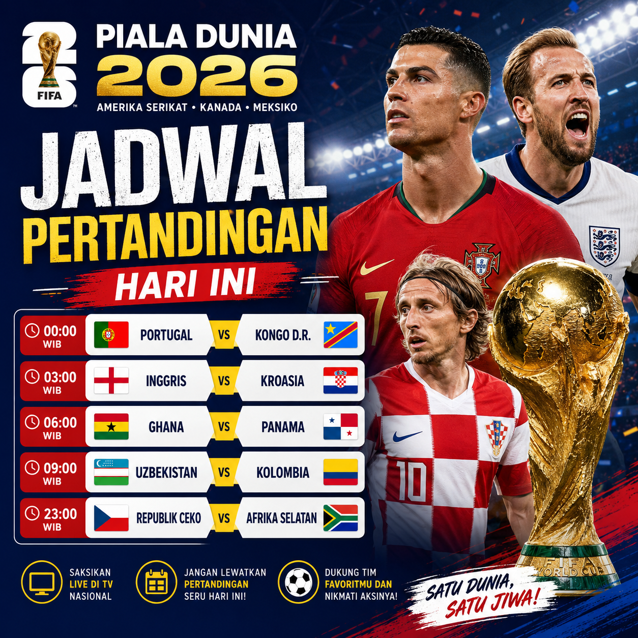 Banner Jadwal Piala Dunia 2026 menampilkan pertandingan Portugal vs Kongo DR, Inggris vs Kroasia, Ghana vs Panama, Uzbekistan vs Kolombia, dan Republik Ceko vs Afrika Selatan.