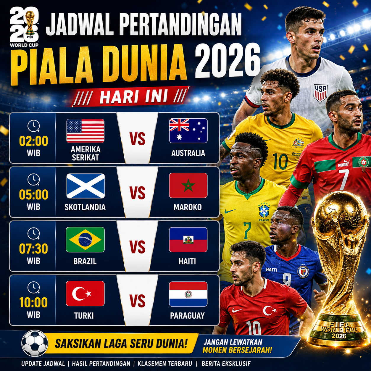 Banner jadwal Piala Dunia 2026 hari ini menampilkan pertandingan Amerika Serikat vs Australia, Skotlandia vs Maroko, Brasil vs Haiti, dan Turki vs Paraguay dengan latar stadion serta trofi Piala Dunia.