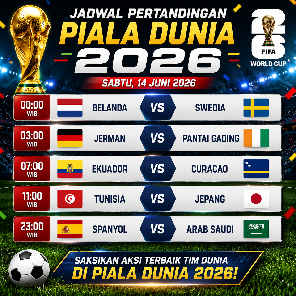 Jadwal Piala Dunia 2026 hari ini menampilkan laga Belanda vs Swedia, Jerman vs Pantai Gading, Jepang vs Tunisia, dan Spanyol vs Arab Saudi