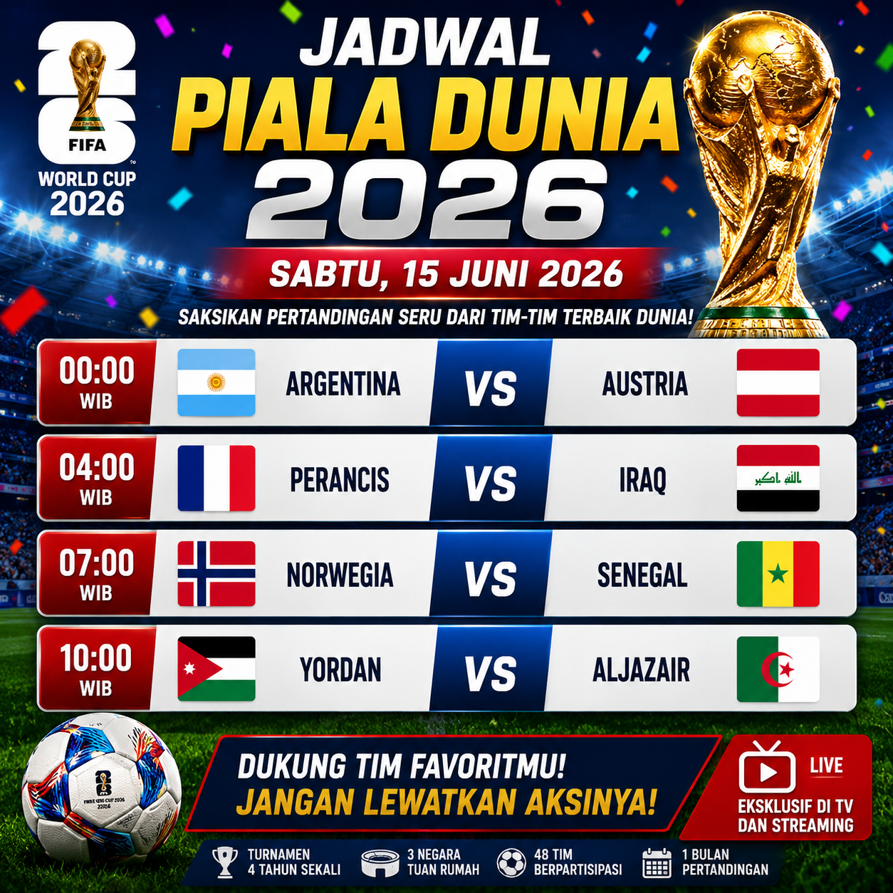 Jadwal Piala Dunia 2026 hari ini menampilkan laga Argentina vs Austria, Prancis vs Irak, Norwegia vs Senegal, dan Yordania vs Aljazair