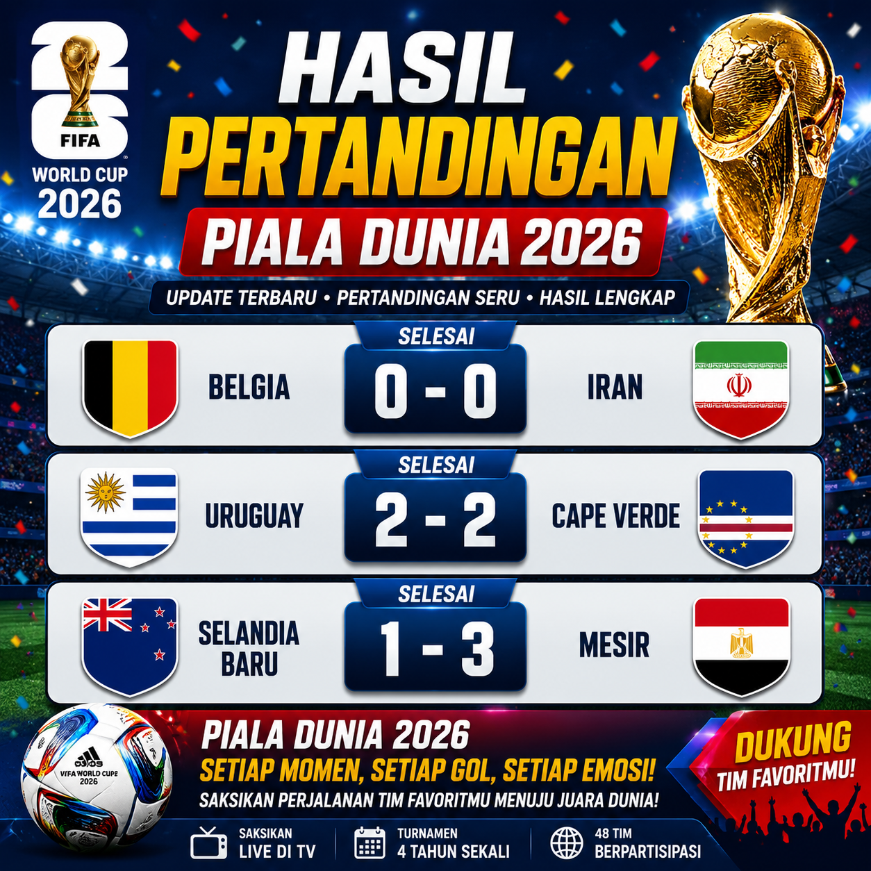Hasil Piala Dunia 2026: Mesir kalahkan Selandia Baru 3-1, Belgia ditahan Iran dan Uruguay bermain imbang melawan Cape Verde