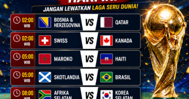Jadwal Piala Dunia 2026 hari ini menampilkan laga Bosnia vs Qatar, Swiss vs Kanada, Maroko vs Haiti, Skotlandia vs Brasil, Afrika Selatan vs Korea Selatan, dan Republik Ceko vs Meksiko.