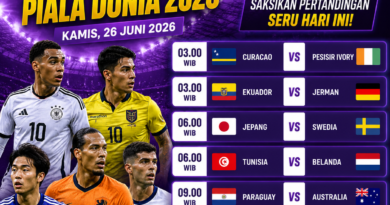 Jadwal Piala Dunia 2026 Kamis 26 Juni 2026 menampilkan pertandingan Jerman vs Ekuador, Jepang vs Swedia, Belanda vs Tunisia, dan Amerika Serikat vs Turki.