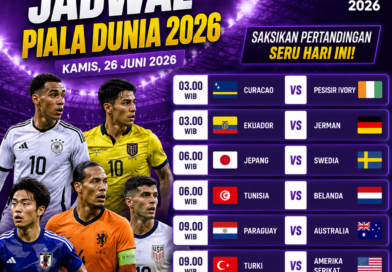 Jadwal Piala Dunia 2026 Kamis 26 Juni 2026 menampilkan pertandingan Jerman vs Ekuador, Jepang vs Swedia, Belanda vs Tunisia, dan Amerika Serikat vs Turki.