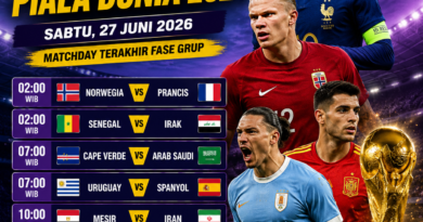 Jadwal Piala Dunia 2026 Sabtu 27 Juni 2026 menampilkan pertandingan Norwegia vs Prancis, Uruguay vs Spanyol, Belgia vs Selandia Baru, serta Mesir vs Iran.