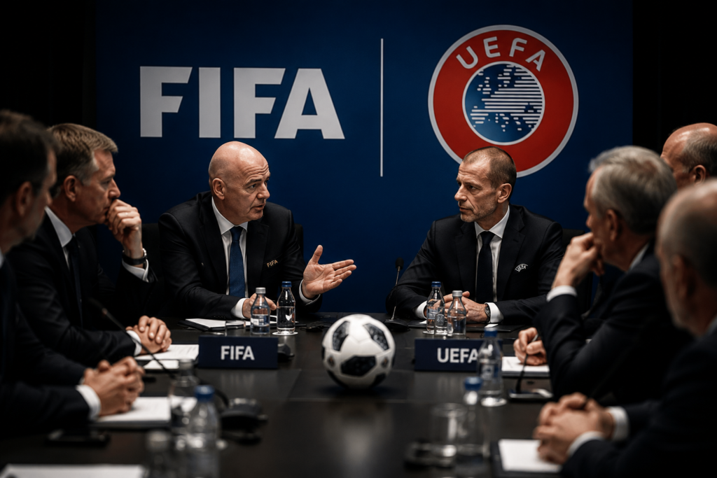 Ilustrasi rapat FIFA dan UEFA membahas proposal hak komersial Piala Dunia.